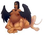 areola belly big_belly big_breasts black_hair blue_eyes breasts brown_body brown_skin female hair jewelry lying necklace nipples overweight overweight_female overweight_taur pregnant pregnant_female pregnant_taur solo split_form tail taur_double_pregnancy taur_lower_pregnancy taur_upper_pregnancy wings bronzebanana mythology felid humanoid_taur mammal mythological_creature mythological_sphinx taur 2015