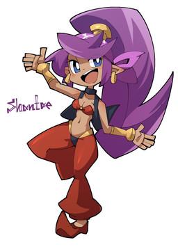 5_fingers bandeau blue_eyes breasts brown_body brown_skin clothing ear_piercing ear_ring female fingers footwear hair humanoid_pointy_ears kerchief long_hair not_furry open_mouth open_smile piercing pointy_ears ponytail purple_hair ring_piercing shoes simple_background smile solo text topwear vest white_background kasui_jirou shantae_(series) wayforward shantae genie humanoid 2015 english_text