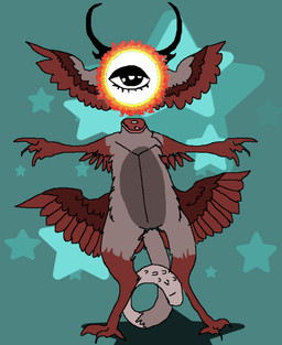 1_eye ambiguous_gender autopsy_scar back_wings big_horn blue_background bone claws feathered_wings feathers feet firering floating_head for_a_head gore head_wings horn long_tail multicolored_body red_wings simple_background solo spread_wings star t-pose tail talon_hands talons toes unusual_wing_placement wide_stance wings allycatboom angel demon hybrid object_head