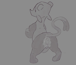 anthro anus biped butt crossed_arms eyebrows female fur genitals grey_background looking_at_viewer looking_back looking_back_at_viewer rear_view simple_background simple_eyes solo standing tail vulva ellael nintendo pokemon generation_5_pokemon mienfoo pokemon_(species) monochrome