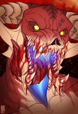 blood blood_on_face blood_on_tongue bodily_fluids brown_sclera front_view horn logo long_tongue male no_pupils red_body ridged_horn sharp_teeth simple_background solo tan_body tan_horn teeth tongue tongue_out yellow_eyes riorix monster 2021 artist_logo bust_portrait dated hi_res portrait