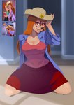 anthro big_breasts biped black_nose bottomwear breasts cleavage clothed clothing eyelashes eyewear female flower fully_clothed glasses hair hat headgear headwear jacket kneeling long_hair looking_at_viewer nails plant red_hair shirt skirt smile solo teeth topwear tovio_rogers disney goof_troop stacey_(goof_troop) canid canine mammal 2017 hi_res signature