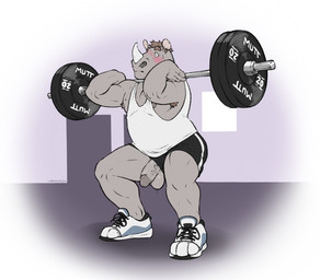 anthro armpit_hair ball_slip balls barbell blush body_hair bottomwear circumcised clothing crouching erection footwear furgonomic_footwear furgonomics genitals grey_body grey_penis hair horn humanoid_genitalia humanoid_penis male male_anthro musclegut muscular muscular_anthro muscular_male nipples overweight overweight_anthro overweight_male penis penis_poking_out penis_through_leghole shirt shoes shorts solo tan_hair tank_top topwear vein veiny_penis wardrobe_malfunction labradorszn mammal rhinoceros 2025 hi_res