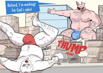 5_toes angry annoyed anthro areola arm_hair belly_hair big_bulge big_muscles big_pecs blue_boxers blue_clothing blue_underwear body_hair boxers_(clothing) building bulge business chest_hair city clothed clothing duo eyewear feet fur hairy_feet hairy_hands hairy_legs hairy_pecs huge_bulge huge_pecs leg_hair macro male male/male muscular nipples partially_clothed partially_clothed_anthro partially_clothed_male pecs pink_areola pink_body pink_nipples plant property_damage red_boxers red_clothing red_underwear sharp_teeth speech_box spiral spiral_eyes sunglasses teeth text thong toes tongue tongue_out topless topless_anthro topless_male tree unconscious underwear wearing_sunglasses white_body white_fur yelling dudenahuel richard_(dudenahuel) roy_(dudenahuel) domestic_pig mammal suid suine sus_(pig) yorkshire_pig 2023 absurd_res colored_sketch english_text hi_res sketch