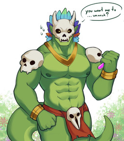 abs anthro bodily_fluids bone bone_mask bottomwear bracelet clothed clothing dialogue feathered_headdress fist front_view holding_vial jewelry loincloth looking_at_viewer male mask muscular muscular_anthro muscular_male necklace nervous nervous_sweat nipples pecs skull skull_accessory skull_mask solo speech_bubble sweat tail talking_to_viewer text topless tribal tribal_clothing vial francx terraria witch_doctor_(terraria) lihzahrd lizard reptile scalie 2026 digital_media_(artwork) english_text hi_res