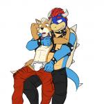 1:1 alternate_color anthro black_bottomwear black_clothing black_pants bottomwear bowser bowser's_brother briefs bulge canid canine clothing digital_media_(artwork) duo fox fox_mccloud fuze hand_on_chest hi_res koopa male male/male mammal mario_bros nintendo nipples pants red_bottomwear red_clothing red_pants scalie scarf simple_background star_fox tighty_whities underwear undressing white_background white_briefs white_clothing white_underwear