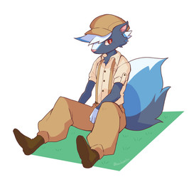 anthro biped black_body black_fur boots bottomwear brown_boots brown_bottomwear brown_clothing brown_footwear brown_hat brown_headwear brown_pants clothed clothed_anthro clothed_male clothing collared_shirt dress_shirt fluffy fluffy_tail footwear fully_clothed fully_clothed_anthro fully_clothed_male fur grass hair hat headgear headwear male male_anthro newsboy_cap pants plant red_eyes shirt shoes simple_background sitting solo suspenders tail tan_dress_shirt text topwear white_background white_body white_fur white_hair harukaze110 animal_crossing nintendo kicks_(animal_crossing) mammal mephitid skunk artist_name colored digital_media_(artwork)