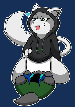 anthro biped black_clothing black_hoodie black_shirt black_topwear blue_clothing blue_eyes blue_hoodie blue_topwear blush blush_lines bottomless bottomless_anthro bottomless_female bottomwear clitoris clothed clothed_anthro clothed_female clothing eyelashes facesitting female female_anthro fur genitals green_bottomwear green_clothing green_eyes green_pants grey_tail heart_symbol heterochromia hood hood_up hoodie inner_ear_fluff looking_down narrowed_eyes pants pink_clitoris plushie plushophilia red_tongue semi-anthro shirt simple_background sitting sitting_on_another smile solo tail tongue tongue_out topwear transparent_background tuft vulva white_body white_ears white_fur white_inner_ear white_inner_ear_fluff white_nose white_tail ssecrets151 nintendo pokemon fan_character side_b yuki_(side_b) felid feline generation_1_pokemon legendary_pokemon mammal mew_(pokemon) pokemon_(species) 2025 alpha_channel digital_media_(artwork)