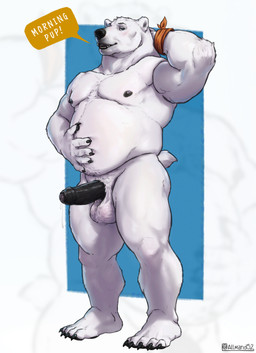 anthro balls belly big_balls big_penis black_nose black_penis blue_eyes bodily_fluids dripping erection foreskin fur genital_fluids genitals hand_behind_head hand_on_belly humanoid_genitalia humanoid_penis leaking_precum looking_at_viewer male manly muscular muscular_arms muscular_legs nipples nude open_mouth overweight penis precum precum_drip presenting simple_background slightly_chubby solo speech_bubble standing tail text white_body white_fur allmand52 rihad bear mammal polar_bear ursine absurd_res english_text hi_res