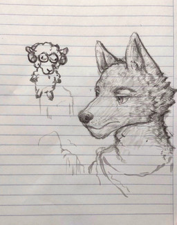 anthro duo ears_up eyebrows fur horn looking_at_another looking_forward male male/male wool_(fur) reynard_goodfellow reynard_the_baa bovid canid canine canis caprine mammal sheep wolf monochrome