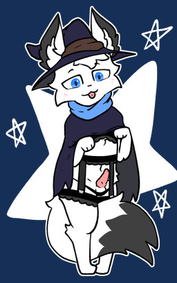 animal_genitalia animal_penis anthro balls black_nose blue_eyes blue_scarf canine_genitalia clothed clothing dipstick_tail erection fur genitals hair hat headgear headwear looking_at_viewer male markings penis presenting presenting_penis scarf simple_background smile solo tail tail_markings tongue tongue_out white_body white_fur witch_hat anonymous_artist fir_(youtuber) canid canine fox mammal alpha_channel digital_media_(artwork) hi_res