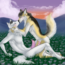 anthro blush butt cloud duo erection eyes_closed fur genitals hair horn kissing lying male male/male natural nude outside paws penis romantic romantic_couple sex sky sunset yaoi-no-mikan canid canine canis mammal wolf 1:1 2014