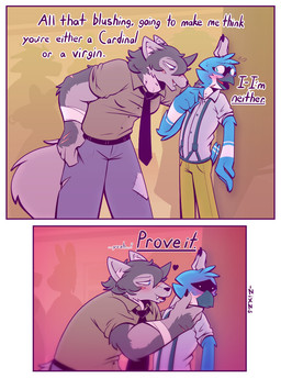 anthro beak blush bottomwear clothing collared_shirt denim denim_bottomwear denim_clothing dialogue dominant dominant_female dress_shirt duo feather_hands feathers female flirting fluffy fluffy_tail fur grey_body grey_fur grey_hair hair jeans larger_female male male/female necktie nervous nose_scar pants party shirt size_difference smaller_male suspenders tail text tomboy topwear zixzs avian bird canid canine canis mammal wolf comic english_text hi_res