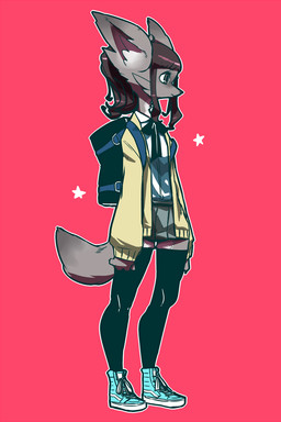 anthro backpack brown_eyes clothing female flat_chested fur green_hair grey_body grey_fur hair kemono legwear school_uniform simple_background solo stockings student uniform yoji_gen canid canine canis domestic_dog mammal 2:3 hi_res