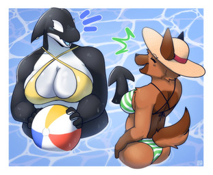 anthro ball beach_ball big_breasts bikini black_body black_tail breasts brown_body brown_ears brown_fur brown_tail butt clothed clothed_anthro clothed_female clothing duo emanata eyebrow_piercing eyelashes eyes_closed facial_markings facial_piercing female female_anthro fin fingers fur furgonomic_hat furgonomic_headwear furgonomics gloves_(marking) green_bikini green_clothing green_swimwear hat head_markings headgear headwear inflatable laugh markings medium_breasts multicolored_body musclegut muscular muscular_female muzzle_(marking) non-mammal_breasts open_mouth open_smile pattern_bikini pattern_clothing pattern_swimwear piercing slightly_chubby slightly_chubby_female smile striped_bikini striped_clothing striped_swimwear stripes sun_hat swimwear tail tail_fin teeth two-piece_swimsuit water wet wet_body white_body yellow_bikini yellow_clothing yellow_swimwear conditional_dnp sonokido ventura_city_drifters diana_okoro rose_naire aquatic canid canine canis cetacean dolphin domestic_dog german_shepherd herding_dog mammal oceanic_dolphin orca pastoral_dog toothed_whale 2025 digital_drawing_(artwork) digital_media_(artwork) hi_res