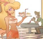 anthro belly beverage bottomwear clothing crop_top female food lidded_eyes looking_at_viewer male midriff piercing serving_tray shirt shorts solo topwear waiter philtomato don_bluth hanna-barbera rock-a-doodle scooby-doo_(series) background_character goldie_pheasant shaggy_rogers avian bird galliform mammal