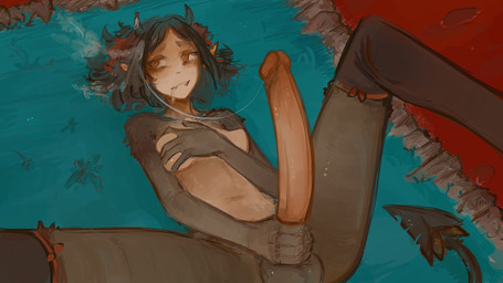 after_masturbation balls bangs big_penis black_hair bodily_fluids breasts brown_eyes clothing cum cum_in_hair cum_on_self cum_string drooling erection fangs genital_fluids genitals grass grey_body gynomorph hair holding_breast holding_penis horn humanoid_pointy_ears hyper_long_penis intersex legwear long_legs long_penis lying mostly_nude not_furry penis plant pointy_ears saliva slim small_breasts solo spade_tail spread_legs spreading tail teeth thigh_highs syvaron demon demon_humanoid humanoid 16:9 hi_res widescreen