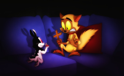 3_toes 4_fingers anthro barefoot big_eyes big_head black_background black_body black_fur black_nose brown_body brown_fur cross digit_ring duo engagement_ring feet feral fingers fur furniture holding_object jewelry kneeling long_ears looking_at_another male pillow pink_sclera red_eyes scared semi-anthro short_tail simple_background sitting size_difference smile sofa tail toes toony white_body white_fur yellow_sclera amegared bunnicula_(series) bunnicula chester_(bunnicula) canid canine canis domestic_cat domestic_dog felid feline felis lagomorph leporid mammal rabbit vampire