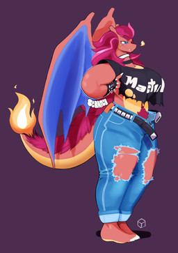 alternate_color anthro barefoot belt big_breasts blue_eyes blue_wings body_hair bottomwear breasts burnt_fur choker claws clothed clothing collar crop_top cuff_(restraint) cuffs_(clothing) denim denim_bottomwear denim_clothing eyebrows feet female fire fur hair half-closed_eyes highlights_(coloring) horn jeans jewelry magenta_fur magenta_hair male membrane_(anatomy) membranous_wings multicolored_body narrowed_eyes necklace onomatopoeia pants pants_undone pants_unzipped pink_body pink_hair pubes purple_background restraints scratching_armpit shirt side_view simple_background slightly_chubby slightly_chubby_anthro slightly_chubby_female smile smiley_face smirk solo sound_effects standing sticker sticker_on_face tail teeth text thick_eyebrows thick_thighs tight_clothing topwear torn_bottomwear torn_clothing torn_pants torn_shirt torn_topwear under_boob wings wrist_cuffs yellow_body kureto mythology nintendo pokemon harper_(kureto) charizard dragon furred_dragon furred_scalie generation_1_pokemon mythological_creature mythological_scalie pokemon_(species) scalie absurd_res digital_media_(artwork) hi_res