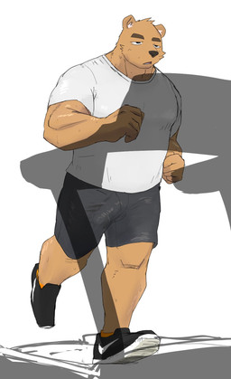 anthro bottomwear brown_body brown_fur bulge clothing exercise fur kemono male shirt shorts simple_background solo topwear workout nico26b bear mammal 2020 hi_res