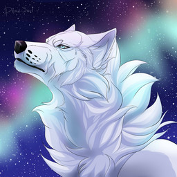 ambiguous_gender black_nose blue_eyes cheek_tuft cosmic_background facial_tuft feral fur mouth_closed neck_tuft side_view solo space space_background tuft white_body white_fur msdeadsoul canid canine mammal 1:1 absurd_res hi_res signature