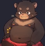 anthro belly black_body black_fur bodily_fluids fur male navel nipples overweight sitting solo sweat towel young young_anthro tongmung24 bear mammal 2022 hi_res