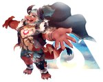 3_toes anthro arms_to_side blue_hair butt_wings cape chest_gem clothing feet gem hair horn male muscular muscular_male open_mouth red_body red_eyes red_scales scales solo tan_body tan_scales tattoo thong toes topwear underwear unusual_wing_placement vest wings oswk_h anothereidos_of_dragon_vein_r mythology atmos_(anothereidos_r) dragon mythological_creature mythological_scalie scalie hi_res