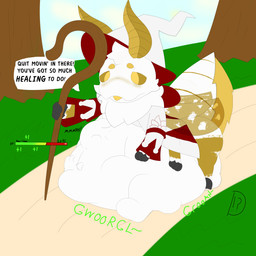 abdominal_bulge ambiguous_gender ambiguous_prey antennae_(anatomy) anthro anthro_pred arthropod_abdomen belly big_belly blush cleric clothed clothed_anthro clothed_male clothing day duo endosoma forest gameplay_mechanics grass gui hat headgear headwear healing_vore health_bar huge_belly insect_wings lepidopteran_wings level_number magic_user male male_pred oral_vore outside plant prey_outline rumbling_stomach safe_vore speech_bubble talking_to_another talking_to_prey text tilde_after_text tongue tongue_out tree unseen_prey unwilling_prey vore white_body wings yellow_body domiel domiel_(character) arthropod insect lepidopteran moth 1:1 english_text hi_res