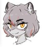 anthro black_nose clothed clothing cute_fangs fangs female female_anthro fur grey_body grey_fur grey_hair hair highlights_(coloring) kemono looking_at_viewer multicolored_body multicolored_fur red_highlights shirt short_hair simple_background smug solo teeth topwear two_tone_body two_tone_fur white_background yellow_eyes kloe_mone mammal mustelid musteline stoat true_musteline weasel 2023 digital_media_(artwork) headshot_portrait hi_res portrait reaction_image