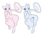 2021 anthro blue_body blue_eyes blue_fur blush breasts covering covering_breasts erection female fur generation_1_pokemon genitals legendary_pokemon looking_at_viewer male mew_(pokemon) nintendo nude penis pink_body pink_fur pokemon pokemon_(species) pussy simple_background slb smile white_background