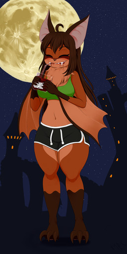ahoge anthro athletic_wear blood blood_in_mouth bodily_fluids bottomwear brown_claws brown_hair brown_wings chest_tuft claws clothing drinking drinking_blood female fur green_clothing green_shirt green_tank_top green_topwear gym_bottomwear gym_shorts hair membrane_(anatomy) membranous_wings moon multicolored_body multicolored_fur pointy_ears shirt shorts sky solo star starry_sky tank_top thick_thighs topwear tuft wings mentalcrash koyo_(jward67) bat leaf-nosed_bat mammal microbat vampire_bat yangochiropteran 1:2 absurd_res hi_res