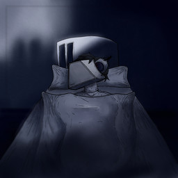 antenna_wire anthro armless bed broken_horn clothing covered_face covering dark_hair dark_room earless eyeless furniture horn legless lying machine male mask medicine morse_code on_back on_display pillow short_fur solo text text_on_clothing wearing_mask alberto_omega metallica fan_character protogen 1:1 hi_res monochrome shaded