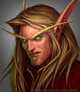 beard blonde_hair eyebrows facial_hair green_eyes grey_background hair humanoid_pointy_ears long_eyebrows male not_furry pointy_ears simple_background solo tattoo text glenn_rane blizzard_entertainment warcraft blood_elf elf humanoid 2006 bust_portrait english_text hi_res official_art portrait