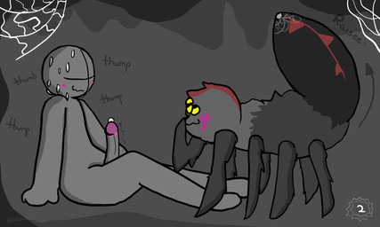 bodily_fluids duo erection female feral genitals heartbeat male male/female penis sitting spider_web standing_over sweat bernabus arachnid arthropod spider 5:3 absurd_res hi_res