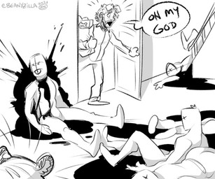 after_murder ambiguous_gender blood bodily_fluids clothed clothing corpse death dialogue door facial_hair group hair human_focus human_only male not_furry speech_bubble topwear zillabean hannibal_(series) will_graham human mammal 6:5 digital_media_(artwork) monochrome sketch