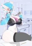 alternate_color big_breasts blue_hair blush bra breasts clothing eyewear female glasses hair legwear not_furry solo thigh_highs underwear opqhlak nintendo pokemon dr._voir gardevoir generation_3_pokemon humanoid pokemon_(species) shiny_pokemon absurd_res hi_res