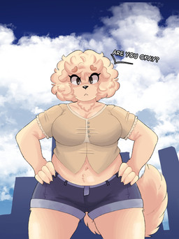 anthro belly belly_tuft black_nose bottomwear breasts brown_eyebrows brown_eyes chest_tuft clothed clothing eyebrows eyelashes female fluffy fluffy_tail footwear freckled_face freckles fur glistening glistening_eyes hair long_eyelashes long_tail pupils shirt shoes short_hair shorts socks tail talking_to_viewer tan_body tan_ears tan_fur tan_hair tan_tail thick_thighs topwear tuft skibanana jessica_(skibanana) canid canine canis domestic_dog mammal absurd_res hi_res