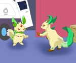 2024 3_toes 6:5 absurd_res ambiguous_gender black_nose brown_eyes duo eeveelution feet feral fur generation_4_pokemon gesture hand_gesture hi_res kemo_leight leaf leaf_ears leaf_tail leafeon lifmunk lol_comments mammal meme nintendo open_mouth pal_(species) palworld pocketpair pointing pointing_at_another pokemon pokemon_(species) red_eyes redraw spider-man_pointing_at_spider-man tail toes yellow_body yellow_fur