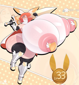 anthro areola big_areola big_nipples boots breast_expansion breasts clothing expansion female footwear hair heart_pupils heart_symbol holding_melee_weapon holding_object holding_sword holding_weapon huge_hips huge_thighs legwear looking_at_viewer melee_weapon mostly_nude nipples orange_eyes orange_hair pasties pink_areola pink_nipples shoes solo sword text thick_thighs thigh_highs weapon wide_hips coffilatte clare_(themushlord) lagomorph leporid mammal rabbit english_text hi_res