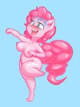 anthro anthrofied big_breasts blue_background blue_eyes blush breasts eyelashes female fingers fluffy fluffy_hair fluffy_tail gradient_background hair happy inner_ear_fluff nipples on_one_leg open_mouth open_smile pink_body pink_hair simple_background slightly_chubby smile solo standing tail teeth thick_thighs tuft wide_hips snus-kun friendship_is_magic hasbro my_little_pony pinkie_pie_(mlp) equid equine mammal