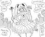 2021 baalbuddy breasts clothed clothing comic dress english_text female feral frilly frilly_clothing frilly_dress group hi_res holding_object holding_staff horn human humanoid humanoid_pointy_ears humor magical_girl_outfit male mammal membrane_(anatomy) membranous_wings monochrome not_furry_focus orc pigtails spade_tail staff tail text waaaghdoka wings