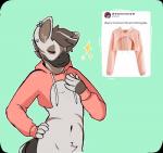 5_fingers anthro brown_hair clothing fingers hair hoodie male navel piercing pubes simple_background solo topwear twitter_hoodie psydoux meme_clothing zeeb_(psydoux) equid equine mammal zebra hi_res meme