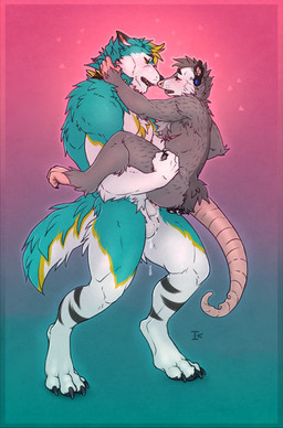 andromorph anthro arm_tuft barely_visible_genitalia barely_visible_nipples barely_visible_penis black_claws black_markings black_nose black_pawpads blue_body blue_eyes blush bodily_fluids carry_position carrying_another carrying_partner chest_tuft claws collar collar_only cum cum_drip cum_in_vagina cum_inside dripping duo ear_piercing elbow_tuft eye_contact gauged_ear genital_fluids genitals gradient_background green_background grey_body head_tuft heart_symbol intersex intersex/male kissing looking_at_another male markings mastectomy_scar mohawk nipples notched_tail nude orange_body orange_skin orange_tongue pawpads penetration penile penile_penetration penis piercing pink_background pink_nipples pink_nose pink_tail pink_tongue pubes red_eyes saliva saliva_string scar sex simple_background size_difference spiked_collar spikes standing standing_sex striped_legs striped_markings stripes tail ticking_(marking) tongue tuft white_body white_face yellow_markings interkos american_opossum canid canine canis domestic_dog husky mammal marsupial nordic_sled_dog spitz 2023 hi_res trans_(lore) trans_man_(lore)