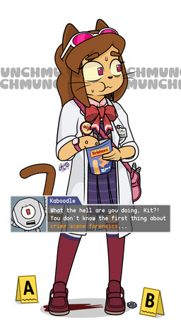 cat_food dialogue dialogue_box eating ema_skye female machine panicking pet_food snack text dm29 ace_attorney capcom gameoverse glitch_productions kaboodle_(gameoverse) kit_bodega domestic_cat felid feline felis mammal robot english_text hi_res