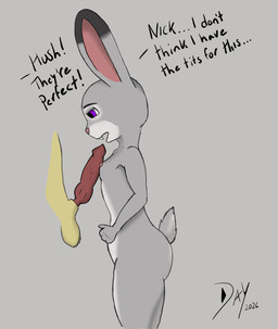 animal_genitalia animal_penis anthro breast_play breasts canine_genitalia canine_penis disembodied_penis duo female female_focus flat_chested genitals knot male male/female naizuri penis sex titfuck daysart disney zootopia judy_hopps nick_wilde canid canine fox lagomorph mammal red_fox true_fox hi_res