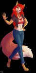 anthro bottomwear breasts cleavage clothed clothing crop_top denim denim_bottomwear denim_clothing female gesture hair hand_on_hip heart_symbol jacket jeans long_hair looking_at_viewer markings midriff navel pants shirt simple_background smile solo tongue topwear transparent_background waving scissorsrunner solstice_dewinter canid canine canis domestic_dog fox hybrid mammal alpha_channel hi_res