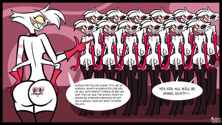 4_arms after_transformation assimilation barcode dialogue fluffy fluffy_chest fur genitals gold_(metal) gold_tooth group hand_on_butt heterochromia male mind_control multi_arm multi_limb penis simple_background smile speech_bubble teeth text toothy_grin twinning what white_body white_fur mothost hazbin_hotel hellaverse angel_dust animal_humanoid arachnid arachnid_humanoid arthropod arthropod_humanoid demon humanoid spider spider_humanoid 2024 dated english_text hi_res
