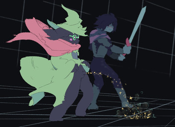 anthro black_body black_fur black_hair blue_body blue_skin blush bodily_fluids bottomless bottomless_male clothed clothing duo eyewear fur genital_fluids genitals glasses hair hat headgear headwear horn male melee_weapon no_underwear partially_clothed peeing penis scarf sword urine urine_stream weapon wizard_hat kenoru deltarune undertale_(series) kris_dreemurr ralsei bovid caprine darkner goat human mammal 2018