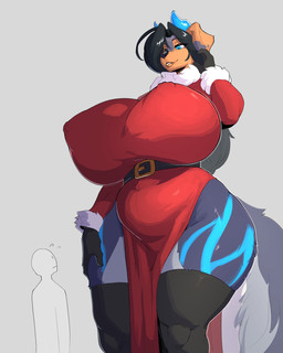 ambiguous_gender anthro belly belt belt_buckle big_breasts black_hair blue_body blue_eyes blue_fur breasts buckle clothed clothing dress duo eyebrows female fingers fur fur_markings gloves grey_body grey_fur hair handwear horn huge_breasts larger_anthro larger_female legwear long_hair looking_at_another looking_down markings multicolored_body multicolored_fur nipple_outline nipple_piercing nipple_piercing_outline nipples pelvic_curtain piercing size_difference smaller_ambiguous standing stockings tail thick_thighs thigh_highs wide_hips inu-sama mythology estrila canid canid_demon canine canis collie demon domestic_dog hellhound herding_dog hybrid mammal mythological_canine mythological_creature pastoral_dog sheepdog 2023 hi_res