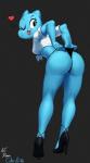 anthro biped blue_body blue_fur breasts butt butt_focus clothed clothing female footwear fur heart_symbol high_heels looking_back mature_anthro mature_female panties shoes simple_background solo text thick_thighs tongue underwear dbaru lui-ra cartoon_network the_amazing_world_of_gumball nicole_watterson domestic_cat felid feline felis mammal hi_res